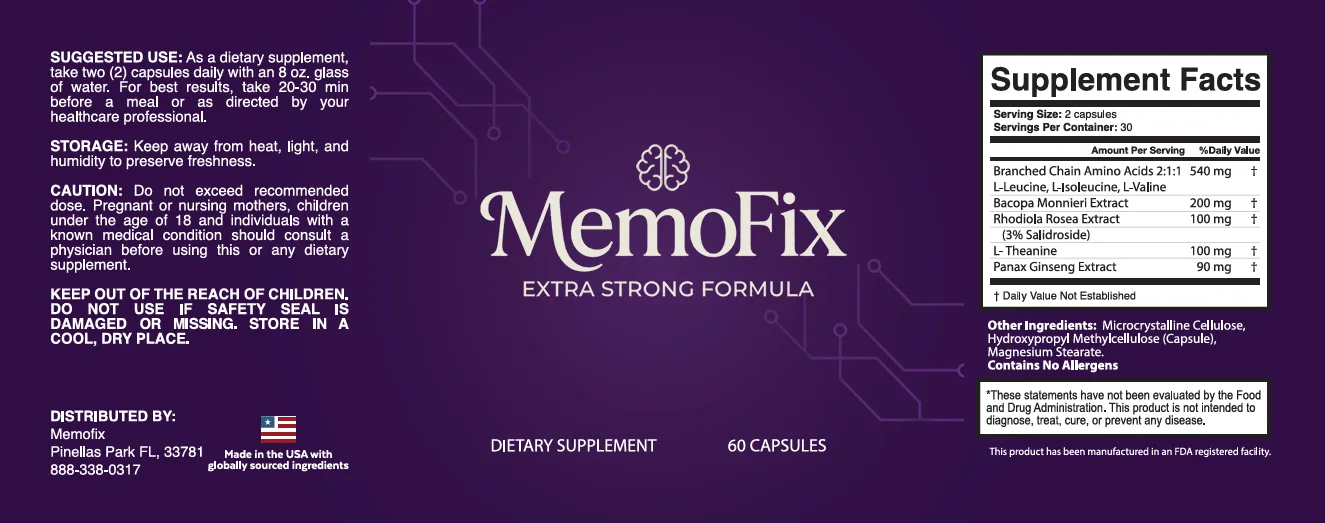 The full MemoFix bottle label — Supplement Facts panel, suggested use, caution and other ingredients