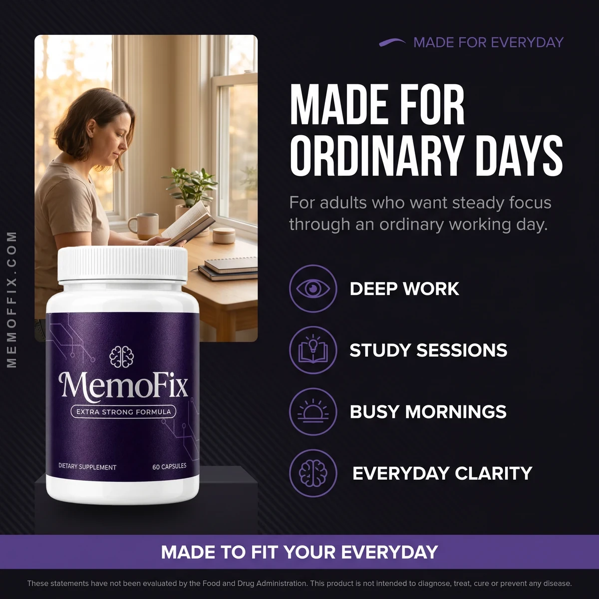 MemoFix memory and focus capsule bottle beside a woman reading at a sunlit desk during an ordinary working day